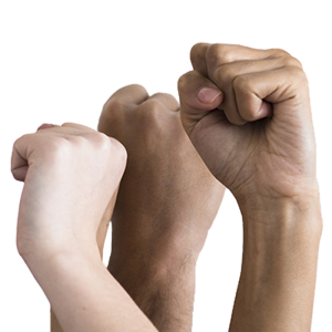 A imagem apresenta 3 mãos com punhos fechados, representando a união faz a força